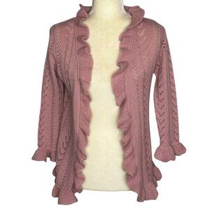 Vintage Pink Open Front Cardigan Sweater Size Medium Ruffle Pointelle